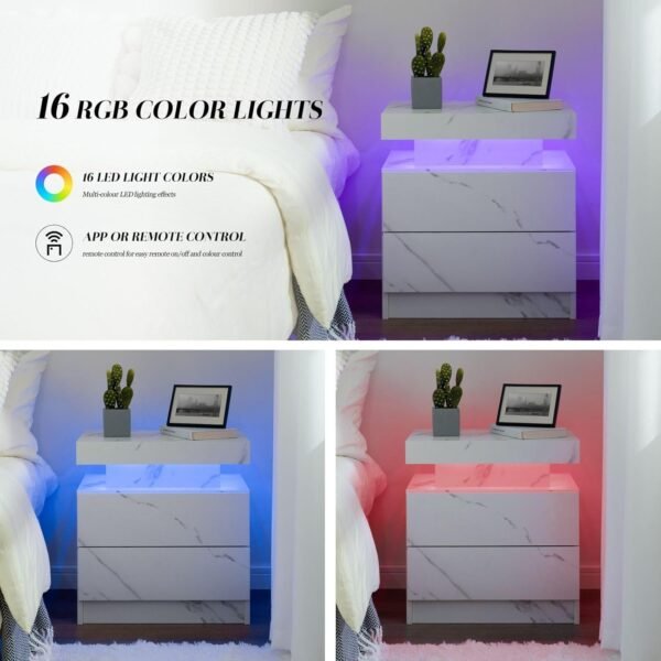 Nightstand Set of 2 with LED Lights White LED Bedside Table with 2 Wood Drawers Modern Set 2 End Side Table for Bedroom - Image 6