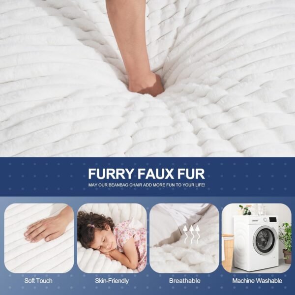 Bean Bag Chair, 6' BeanBag Chairs with Memory Foam Filling for Adults, Soft Bean Bags with Corded Plush Fur Cover for Living Room Bedroom College Dorm 6FT White - Image 5
