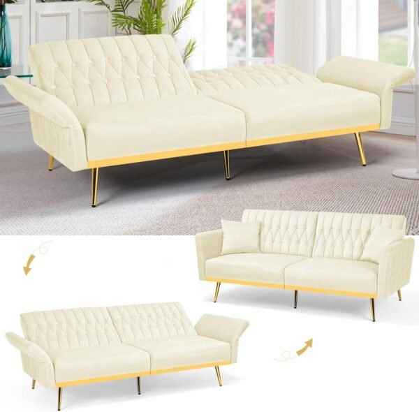 70” Velvet Futon Sofa Bed with 2 Pillows and Adjustable Armrests, Convertible Sleeper Bed W/Adjustable Backrests, Modern Loveseat for Living Room, Bedroom, Beige - Image 4