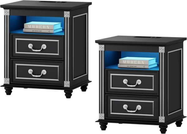 Nightstand Set of 2 with Charging Station, Night Stand with 3 Color LED Lights, Side Table with 2 Drawers Storage, Bedside EndTable with 4 Solid Wood Feet for Bedroom, Black