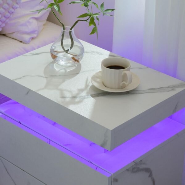 Nightstand Set of 2 with LED Lights White LED Bedside Table with 2 Wood Drawers Modern Set 2 End Side Table for Bedroom - Image 5