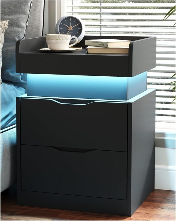 2pcs Nightstand with Charging Station and LED Lights, Night Stand with Sliding Top, Modern End Side Table with 2 Drawers, Bedside Table for Bedroom, Living Room, Office - Image 5