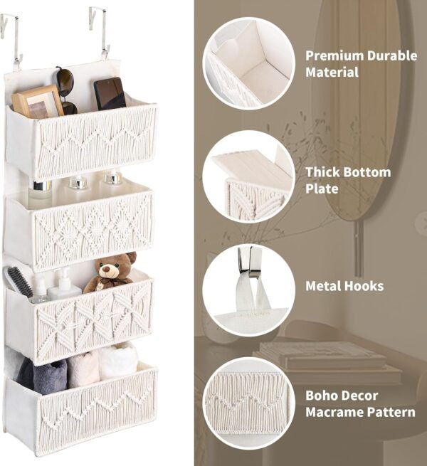 Nursery Over The Door Organizer Boho Decor Nursery Storage with 4 Large Woven Pockets, Macrame Nursery Organizers and Toys Storage, Behind Door for Bathroom, Bedroom - Image 2
