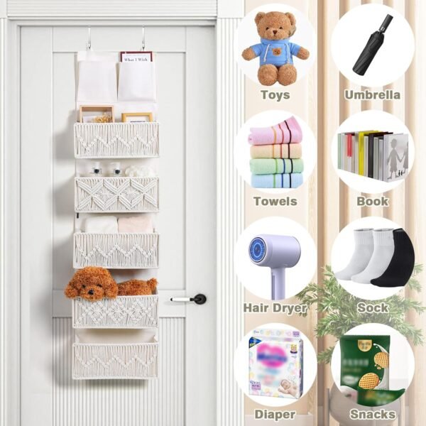 ANTIS'S HOME Over the Door Organizer Macrame Boho Nursery Storage with 5 Large Woven Pockets, Hanging Closet Basket for Bathroom or Nursery, Behind the Door Storage Organizer - Image 7