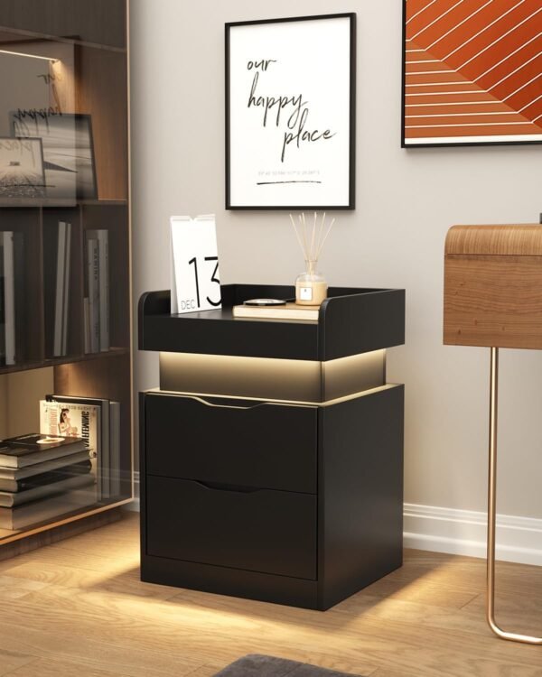 2pcs Nightstand with Charging Station and LED Lights, Night Stand with Sliding Top, Modern End Side Table with 2 Drawers, Bedside Table for Bedroom, Living Room, Office - Image 7