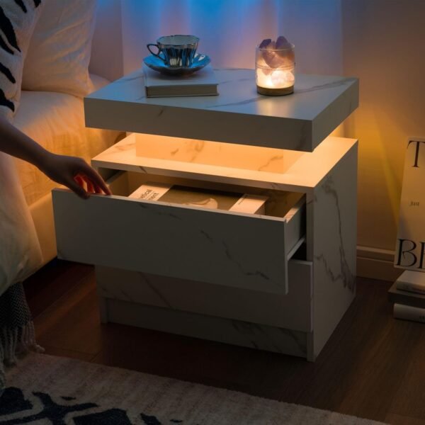 Nightstand Set of 2 with LED Lights White LED Bedside Table with 2 Wood Drawers Modern Set 2 End Side Table for Bedroom - Image 3