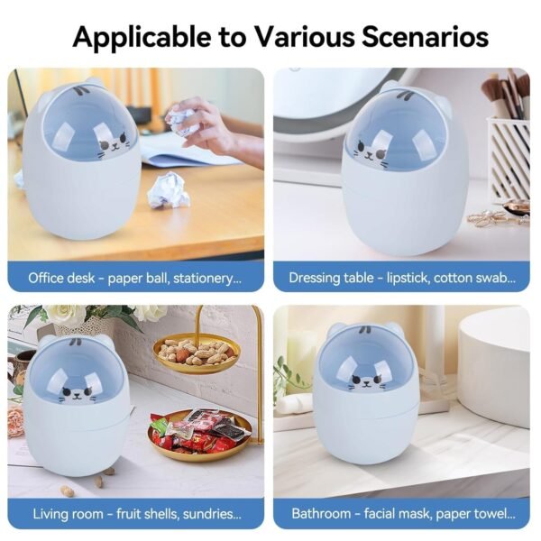 Cute Desktop Trash Can, Mini Countertop Trash Can Cartoon Cat Small Garbage Can Waste Paper Bin with Swing Lid for Bathroom, Kitchen, Bedroom, Powder Room, Craft Room, Office, College, RV (Blue) - Image 5