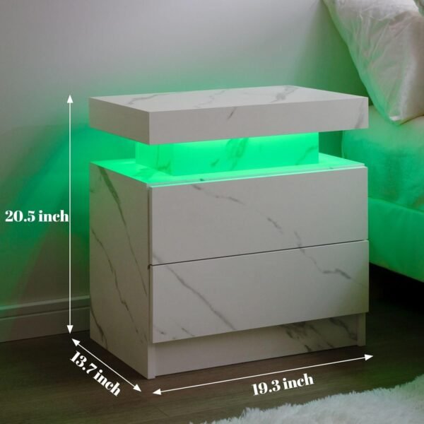 Nightstand Set of 2 with LED Lights White LED Bedside Table with 2 Wood Drawers Modern Set 2 End Side Table for Bedroom - Image 2