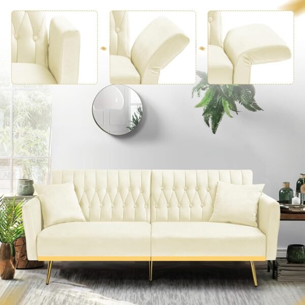 70” Velvet Futon Sofa Bed with 2 Pillows and Adjustable Armrests, Convertible Sleeper Bed W/Adjustable Backrests, Modern Loveseat for Living Room, Bedroom, Beige - Image 2
