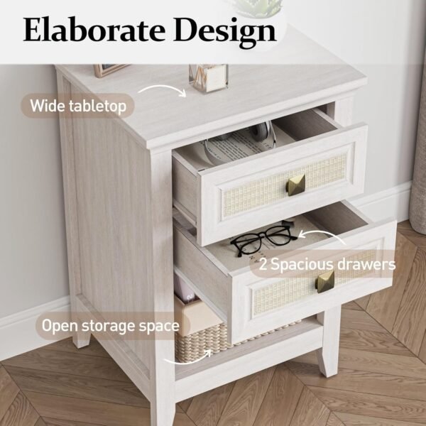 RoyalCraft White Rattan Nightstand with Drawer Set of 2, Boho 27" Tall Bedside Table with Storage for Small Space, Wood Accent End Table Bedroom Furniture, Couch, Grayish White - Image 8