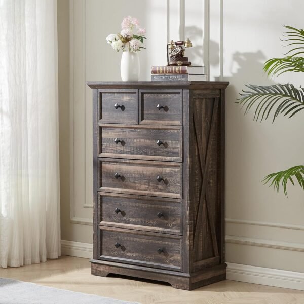 LDTTCUK 6 Drawer Dresser for Bedroom, Farmhouse Wood Dresser, Modern Tall Dresser & 6 Chest of Drawer Dresser, Large Drawer Storage Organizer Dresser for Living Room, Kids Room, Dark Rustic Oak