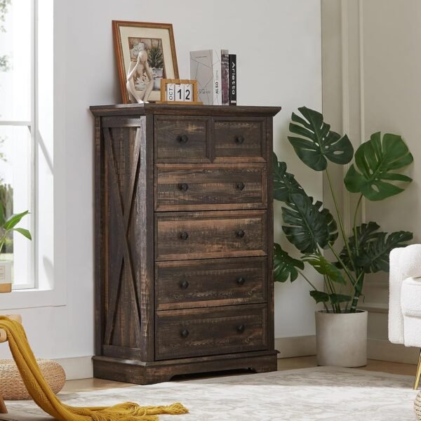 LDTTCUK 6 Drawer Dresser for Bedroom, Farmhouse Wood Dresser, Modern Tall Dresser & 6 Chest of Drawer Dresser, Large Drawer Storage Organizer Dresser for Living Room, Kids Room, Dark Rustic Oak - Image 3