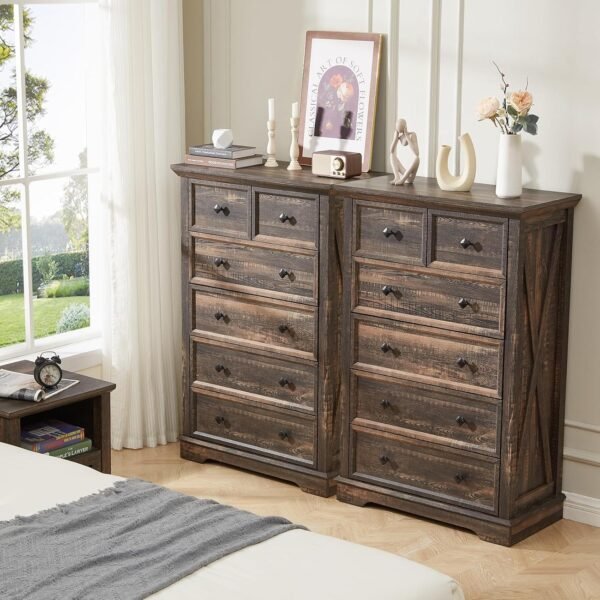 LDTTCUK 6 Drawer Dresser for Bedroom, Farmhouse Wood Dresser, Modern Tall Dresser & 6 Chest of Drawer Dresser, Large Drawer Storage Organizer Dresser for Living Room, Kids Room, Dark Rustic Oak - Image 4