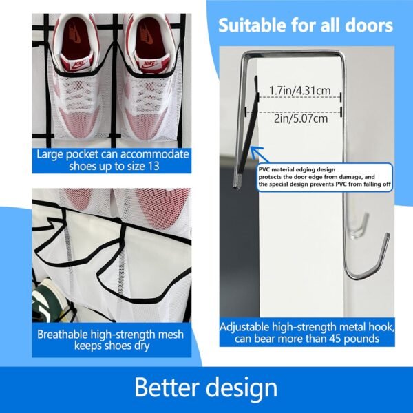 door shoe organizer,28 Large Breathable Mesh Pockets,shoe organizer, Hanger Holds Up to 50 lbs for Shoes,New upgrade anti-scratch heavy-duty hooks,shoe storage,White/black - Image 4