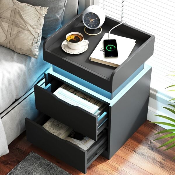 2pcs Nightstand with Charging Station and LED Lights, Night Stand with Sliding Top, Modern End Side Table with 2 Drawers, Bedside Table for Bedroom, Living Room, Office