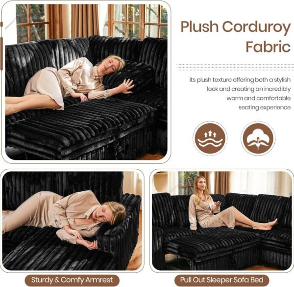 Belffin Oversized Sofa Bed Modular Sectional Sleeper Sofa with Pull Out Bed L Shaped Couch with Storage Chaise Black Couch - Image 5