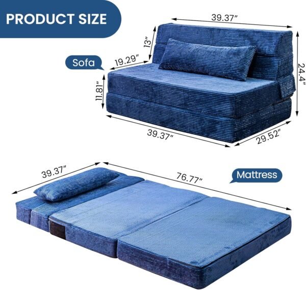 Folding Sofa Bed, Convertible Sleeper Chair with Pillow, High Density Memory Foam Fold Out Couch, Foldable Mattress Futon Sofa for Living Room/Dorm/Guest Use/Apartment/Home Office - Image 2