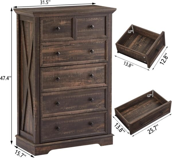 LDTTCUK 6 Drawer Dresser for Bedroom, Farmhouse Wood Dresser, Modern Tall Dresser & 6 Chest of Drawer Dresser, Large Drawer Storage Organizer Dresser for Living Room, Kids Room, Dark Rustic Oak - Image 2