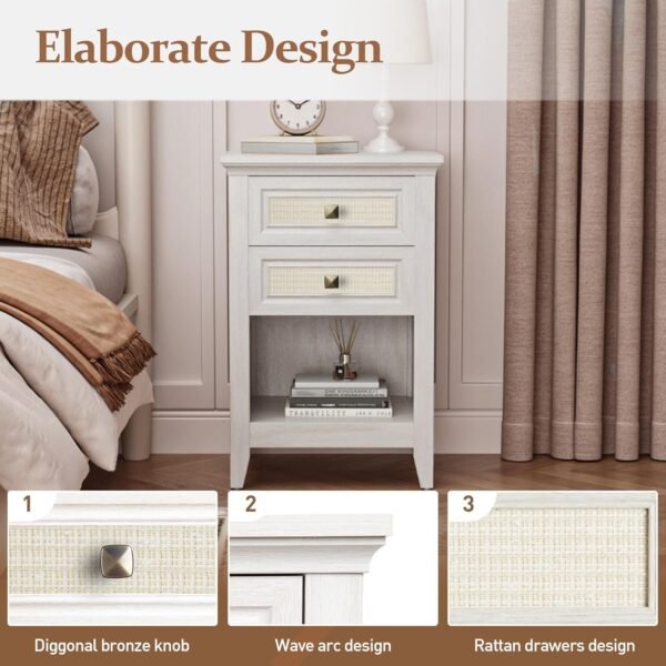 RoyalCraft White Rattan Nightstand with Drawer Set of 2, Boho 27" Tall Bedside Table with Storage for Small Space, Wood Accent End Table Bedroom Furniture, Couch, Grayish White - Image 6