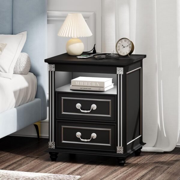 Nightstand Set of 2 with Charging Station, Night Stand with 3 Color LED Lights, Side Table with 2 Drawers Storage, Bedside EndTable with 4 Solid Wood Feet for Bedroom, Black - Image 8