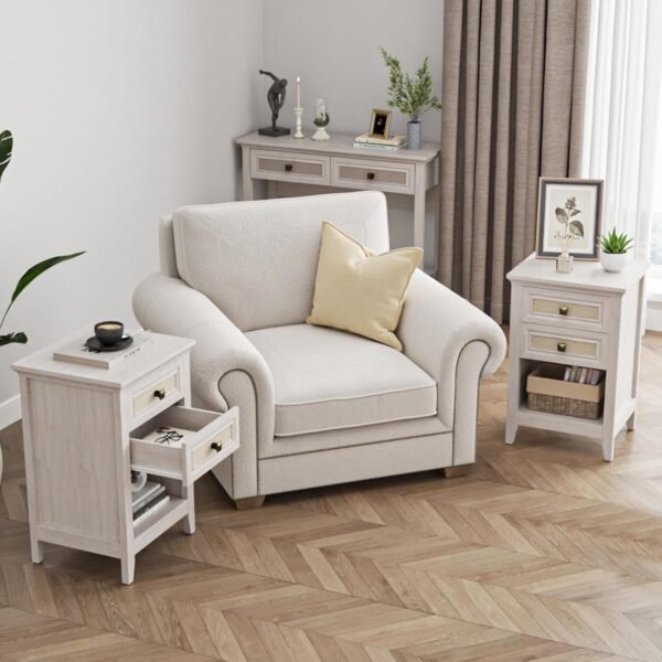 RoyalCraft White Rattan Nightstand with Drawer Set of 2, Boho 27" Tall Bedside Table with Storage for Small Space, Wood Accent End Table Bedroom Furniture, Couch, Grayish White - Image 2
