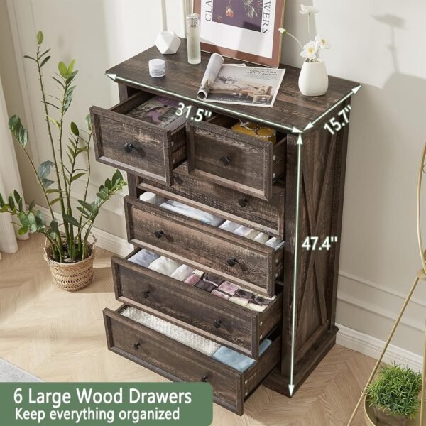 LDTTCUK 6 Drawer Dresser for Bedroom, Farmhouse Wood Dresser, Modern Tall Dresser & 6 Chest of Drawer Dresser, Large Drawer Storage Organizer Dresser for Living Room, Kids Room, Dark Rustic Oak - Image 5