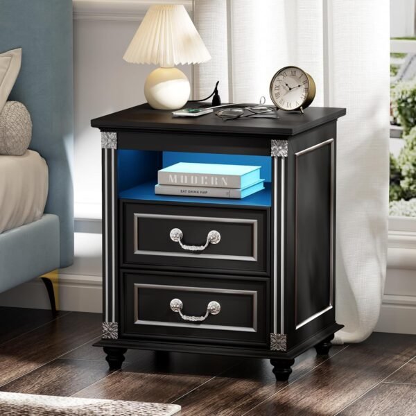 Nightstand Set of 2 with Charging Station, Night Stand with 3 Color LED Lights, Side Table with 2 Drawers Storage, Bedside EndTable with 4 Solid Wood Feet for Bedroom, Black - Image 2