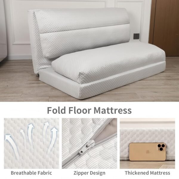 Breathable Cooling Bean Bag Sofa Bed, Fold Full Floor Mattress for Hot Sleepers with Washable Cover, Light Grey, 54x95 Inch - Image 4