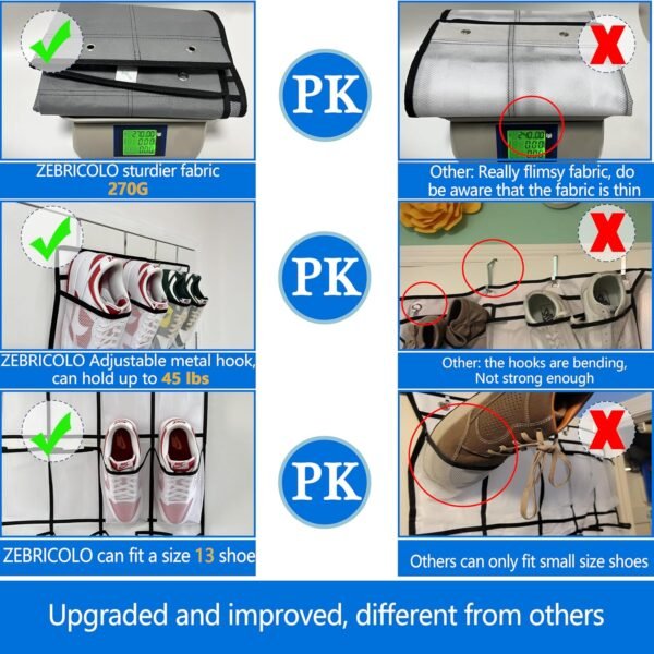 door shoe organizer,28 Large Breathable Mesh Pockets,shoe organizer, Hanger Holds Up to 50 lbs for Shoes,New upgrade anti-scratch heavy-duty hooks,shoe storage,White/black - Image 5