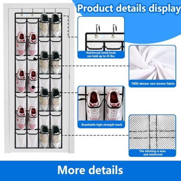 door shoe organizer,28 Large Breathable Mesh Pockets,shoe organizer, Hanger Holds Up to 50 lbs for Shoes,New upgrade anti-scratch heavy-duty hooks,shoe storage,White/black - Image 3