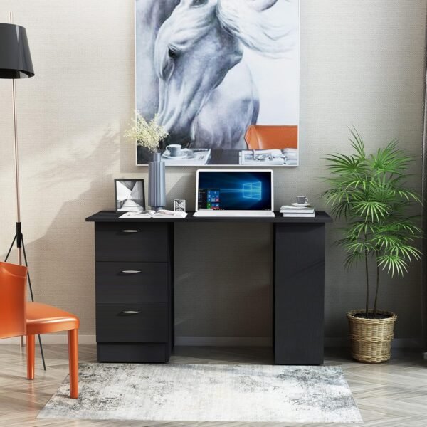 HOMCOM 47" Modern Home Office Computer Desk Bookcase Combo Writing Table Workstation with 3 Drawer and Storage Shelf - Black - Image 2