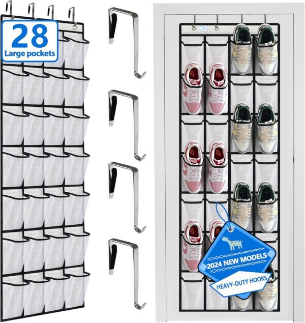 door shoe organizer,28 Large Breathable Mesh Pockets,shoe organizer, Hanger Holds Up to 50 lbs for Shoes,New upgrade anti-scratch heavy-duty hooks,shoe storage,White/black