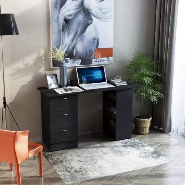 HOMCOM 47" Modern Home Office Computer Desk Bookcase Combo Writing Table Workstation with 3 Drawer and Storage Shelf - Black - Image 7