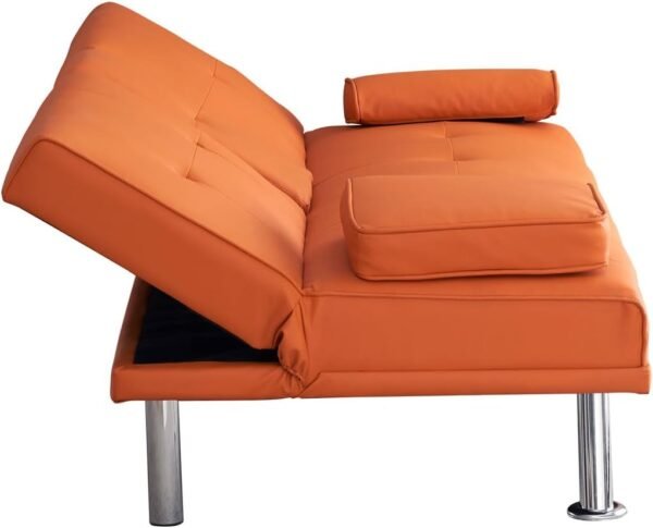 Faux Leather Convertible Folding Futon Sofa Bed with 2 Cup Holders, Sleeper Couch Bed with Removable Armrests, Metal Legs, Upholstered Loveseat for Living Room, Apartment, Dorm, Office (Orange) - Image 5