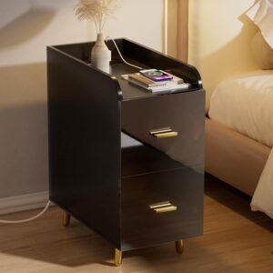 Nightstand with Charging Station, 2 Deep Drawers & Back Shelf Stylish High-Gloss Panel, Modern Tall Narrow Wood Night Stand Bed Side End Table for Bedroom & Living Room, Black