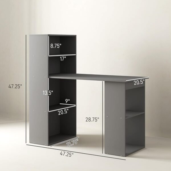 HOMCOM Modern Home Office Desk with 6-Tier Storage Shelves, 47" Writing Desk with Bookshelf, Gray - Image 3