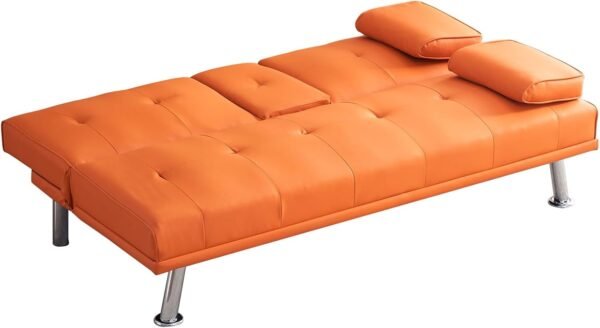 Faux Leather Convertible Folding Futon Sofa Bed with 2 Cup Holders, Sleeper Couch Bed with Removable Armrests, Metal Legs, Upholstered Loveseat for Living Room, Apartment, Dorm, Office (Orange) - Image 6