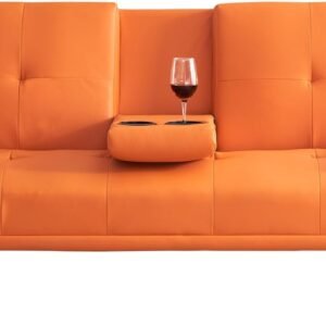 Faux Leather Convertible Folding Futon Sofa Bed with 2 Cup Holders, Sleeper Couch Bed with Removable Armrests, Metal Legs, Upholstered Loveseat for Living Room, Apartment, Dorm, Office (Orange)