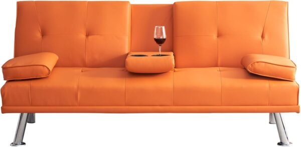 Faux Leather Convertible Folding Futon Sofa Bed with 2 Cup Holders, Sleeper Couch Bed with Removable Armrests, Metal Legs, Upholstered Loveseat for Living Room, Apartment, Dorm, Office (Orange)