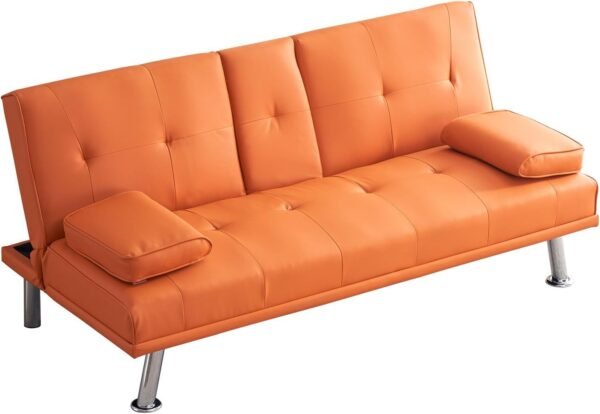 Faux Leather Convertible Folding Futon Sofa Bed with 2 Cup Holders, Sleeper Couch Bed with Removable Armrests, Metal Legs, Upholstered Loveseat for Living Room, Apartment, Dorm, Office (Orange) - Image 4