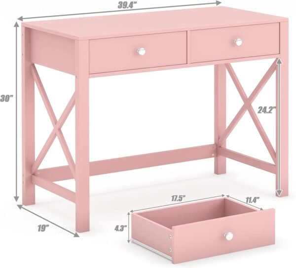 WiberWi Home Office Desk with Drawers, Modern Writing Computer Desk for Bedroom, Small Pink Makeup Vanity Table for Girls, Study Table for Home Office - Image 3