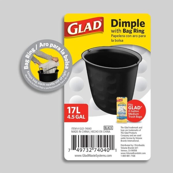 Glad Dimple Oval Trash Can Waste Bin 17L with Bag Ring, Black - Image 5