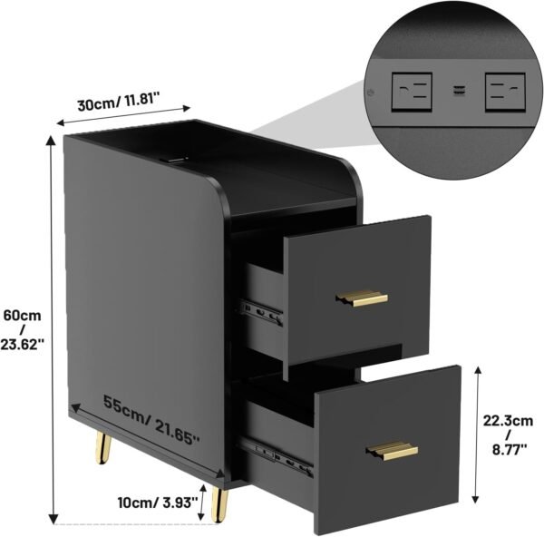 Nightstand with Charging Station, 2 Deep Drawers & Back Shelf Stylish High-Gloss Panel, Modern Tall Narrow Wood Night Stand Bed Side End Table for Bedroom & Living Room, Black - Image 2