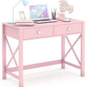 WiberWi Home Office Desk with Drawers, Modern Writing Computer Desk for Bedroom, Small Pink Makeup Vanity Table for Girls, Study Table for Home Office