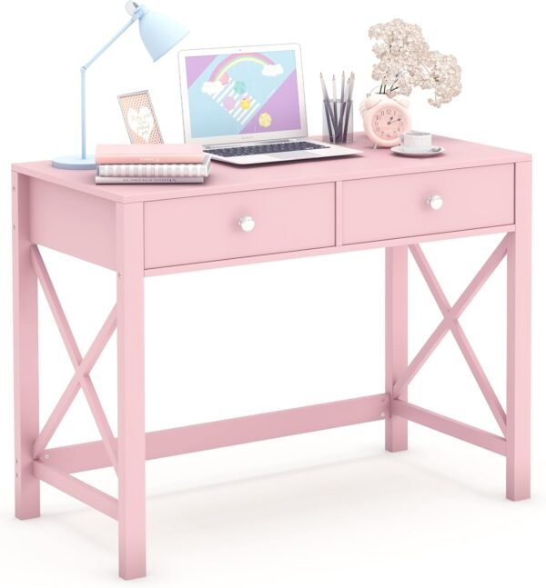 WiberWi Home Office Desk with Drawers, Modern Writing Computer Desk for Bedroom, Small Pink Makeup Vanity Table for Girls, Study Table for Home Office