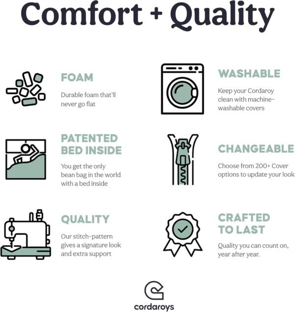 CordaRoy's Chenille Bean Bag-Convertible Bean Bag Chair-Machine-Washable Chenille Fabric Cover-for Basement,Living Room,Game Room,Dorm & More - King Size - Moss | Made in The USA - Image 8
