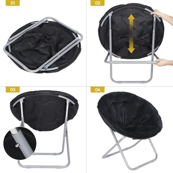JungleA Folding Moon Chair,Faux Fur Round Foldable Portable Compact Chair Concave Relaxation Chair with Metal Frame for Camping,Dorm,Study,Living Room,Bedroom(Black) - Image 5