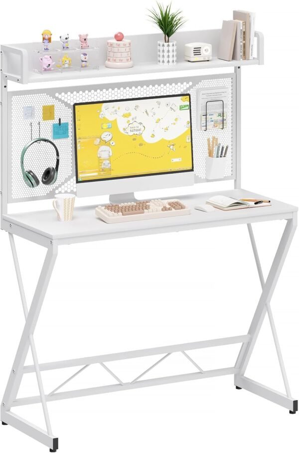 Elephance Small Gaming Desk with Pegboard, 39 Inch Computer Desk with Storage Shelves, Modern Office Desk for Study Work Home Office, Small Spaces, White