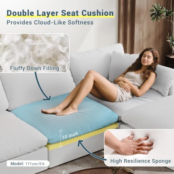 Oversized Cloud Sectional Couches for Living Room, 110.8" L Shaped Couch, Comfy Down Filled Modular Sectional Sofa, 3 Seater with Ottoman Deep Seat Modular Couch with Removable Covers, White - Image 3