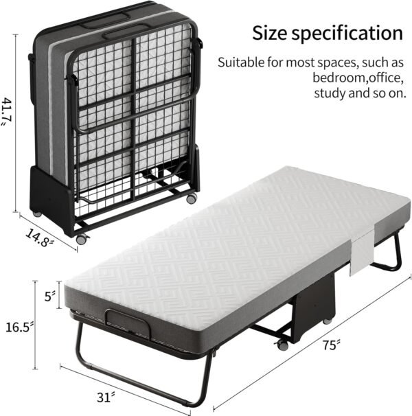 Deluxe Folding Bed with Mattress with 5-inch Memory Foam Mattress on Rollers for Easy Storage with Metal Frame and Bed Side Pockets (75"×31") - Image 2